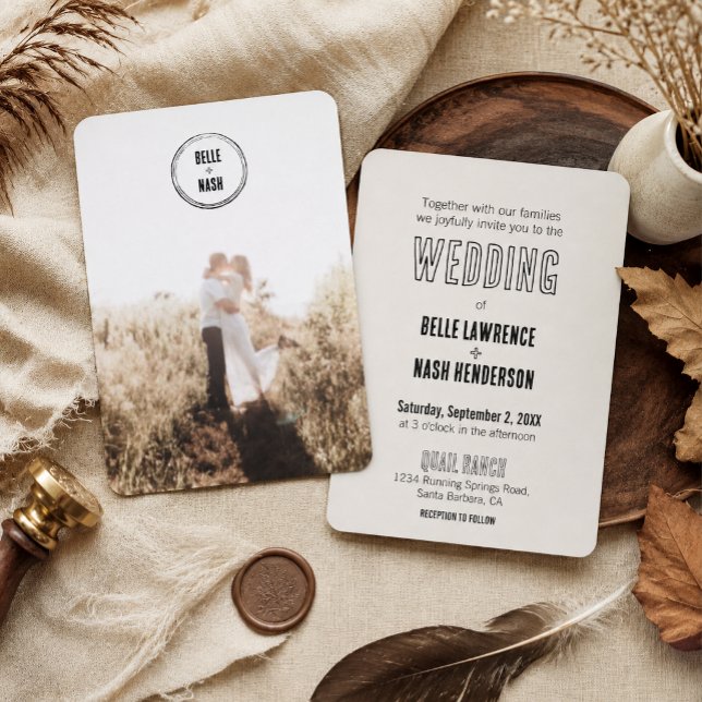 Convite de Casamento Rústico Moderno (Modern rustic boho wedding invitation featuring a personalized photo and elegant neutral design.)