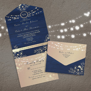 Convite de Casamento Rústico Navy All-in-One