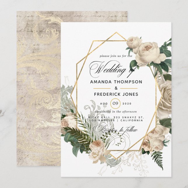 Convite de Casamento Rústico Poligonal Floral Marf (Frente/Verso)