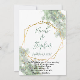 Convite de casamento rústico verde e dourado