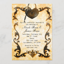 Convite de Casamento Rústico Vintage Heart Lock &