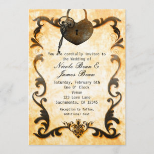 Convite de Casamento Rústico Vintage Heart Lock &