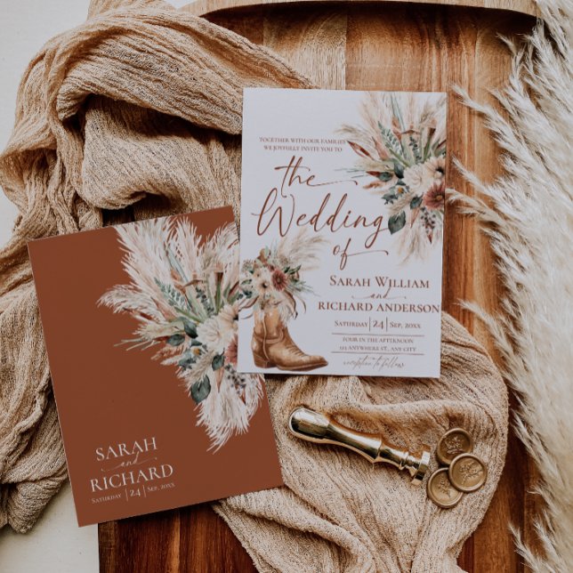 Convite de Casamento Rústico Western de Outono (Rustic Western Wedding Invitation Card | Terracotta Fall Wedding Invite | Boho Cowboy Boots)