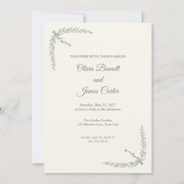 Convite de Casamento Sage Fine Line Folha de Olive (Frente)