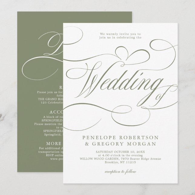 Convite de casamento Sage Green atemporal com cali (Frente/Verso)