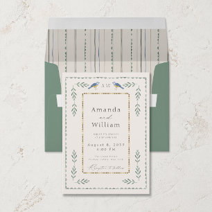 Convite de Casamento Sage Green & Gold com Pássaro