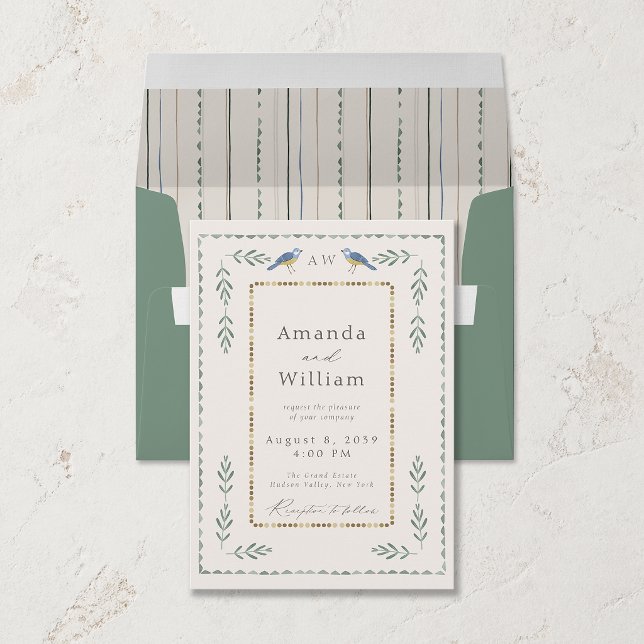 Convite de Casamento Sage Green & Gold com Pássaro (Criador carregado)
