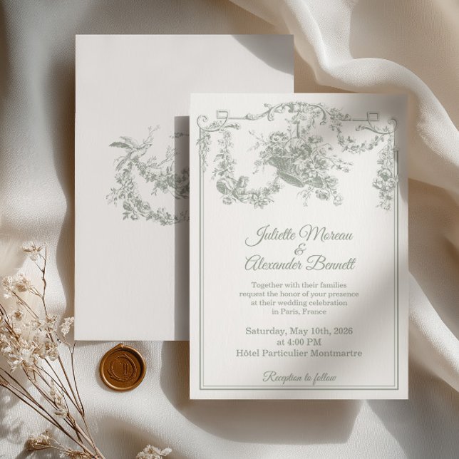 Convite de Casamento Sage Green Toile de Jouy Pari (Criador carregado)