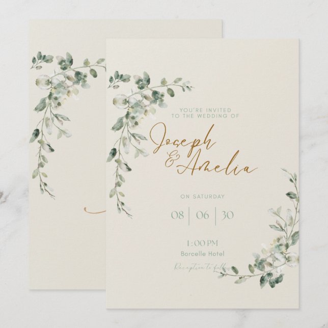 Convite de Casamento Sage Verde Eucalipto (Frente/Verso)