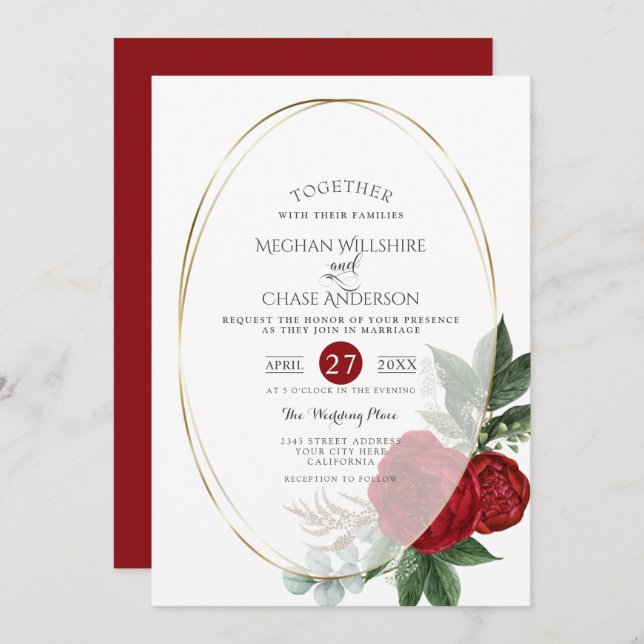 Convite De Casamento | Scarlet Peony Floral Oval (Frente/Verso)