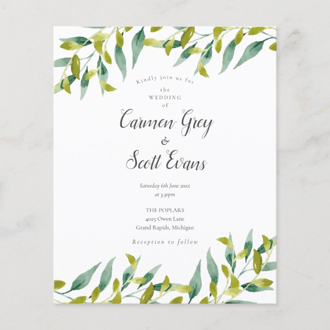 Convite de Casamento Script Chic com Vegetação Eco (Frente)