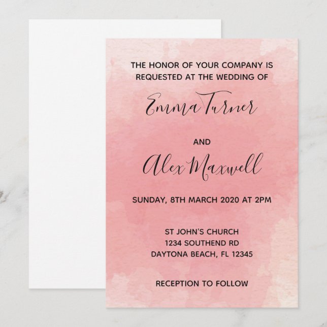 Convite De Casamento | Script de Aquarela Rosa (Frente/Verso)