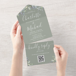 Convite de Casamento Script Floral QR Code Verde S