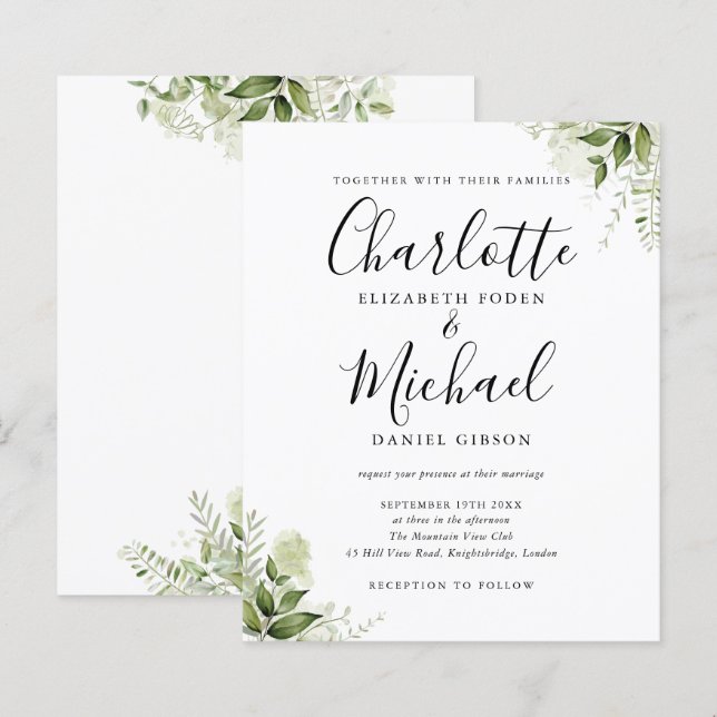 Convite de Casamento Script Folhas de Verdura Orça (Frente/Verso)
