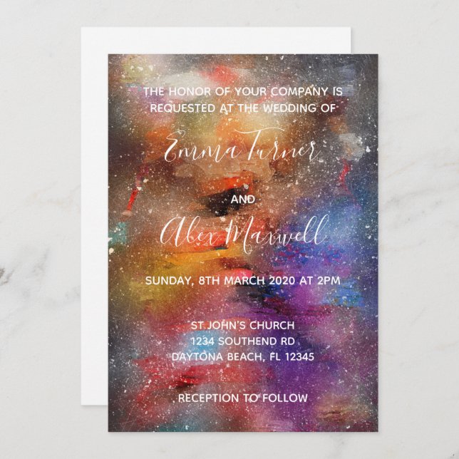 Convite De Casamento | Script Galaxy Watercolor (Frente/Verso)