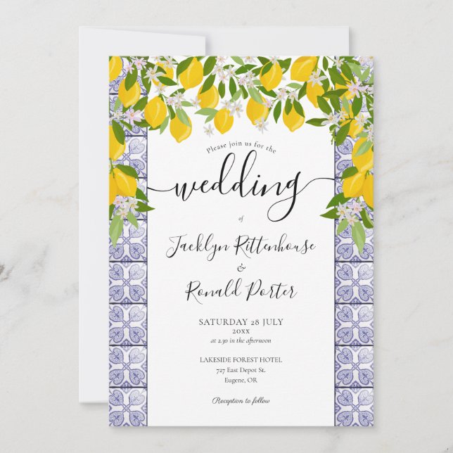 Convite de Casamento Script Lemons Greenery Tiles (Frente)