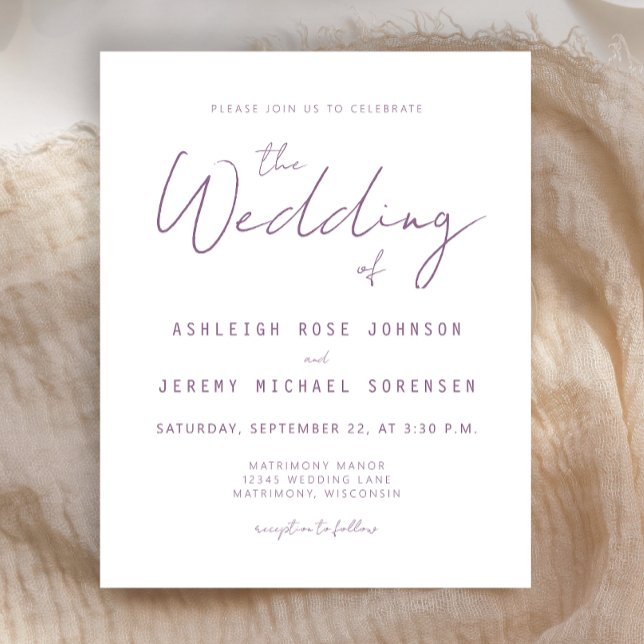 Convite de Casamento Script Mauve Mínimo Orçamento (Criador carregado)