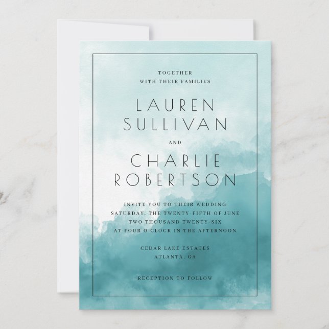 Convite de Casamento Sereno Azul Aquarela (Frente)