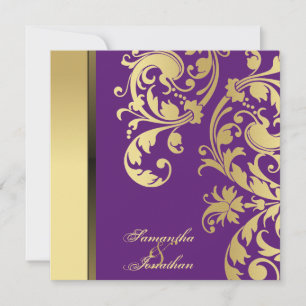 Convite De Casamento Shimmer Dourado Roxo Floral