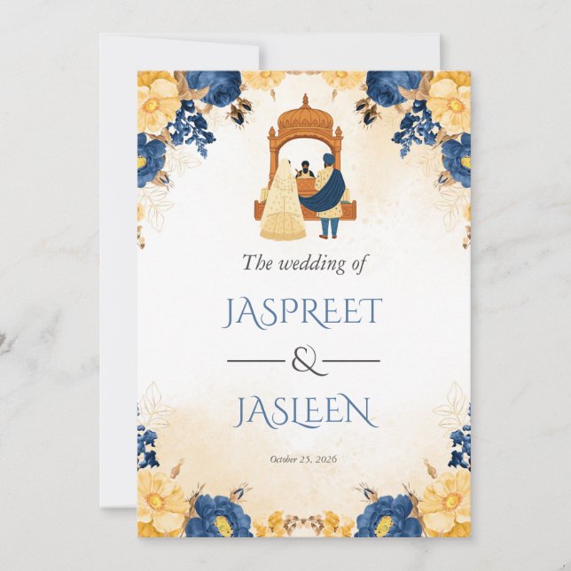 Convite de Casamento Sikh Floral Panjabi Anand Kar (Frente)
