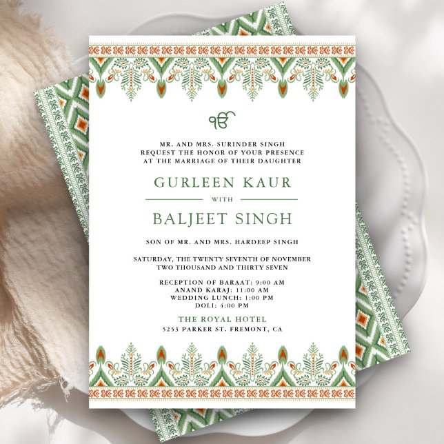 Convite de Casamento Sikh Green Ikat Anand Karaj (Criador carregado)