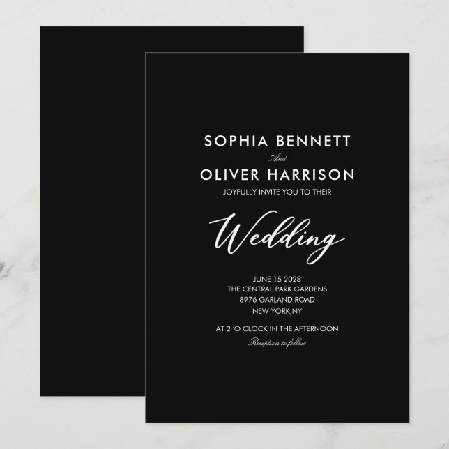 convite de casamento SIMPLE CLÁSSICO elegante pret (Frente/Verso)