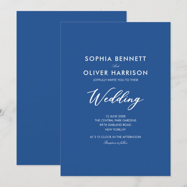convite de casamento SIMPLE moderno elegante azul (Frente/Verso)