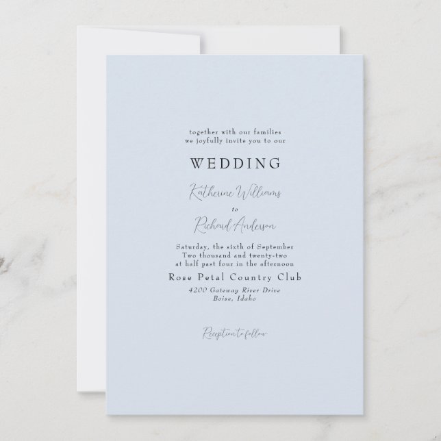 Convite de Casamento Simples Azul Poeira Sem Pais (Frente)