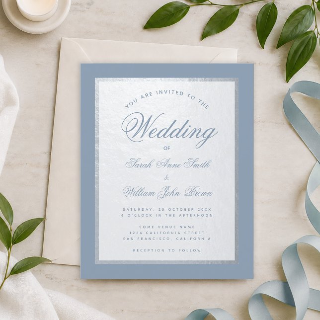 Convite de Casamento Simples Azul Poento com Prata (Criador carregado)