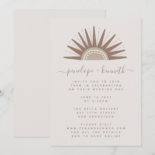 Convite de Casamento Simples Boho Sol Marrom e Tau (Frente/Verso)