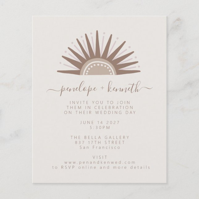 Convite de Casamento Simples Boho Sol Taupe Orçame (Frente)