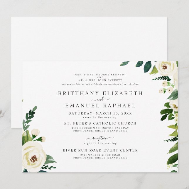 Convite de Casamento Simples Branco com Ambos os P (Frente/Verso)