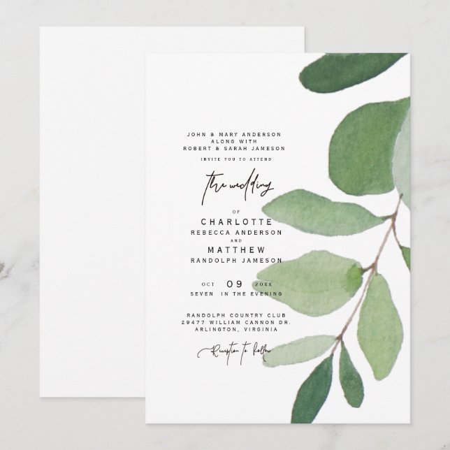 Convite de Casamento Simples com Caule de Eucalipt (Frente/Verso)