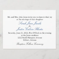 Convite de casamento simples com texto azul