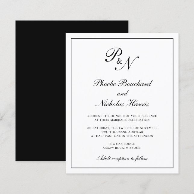 Convite de Casamento Simples e Elegante Preto e Br (Frente/Verso)