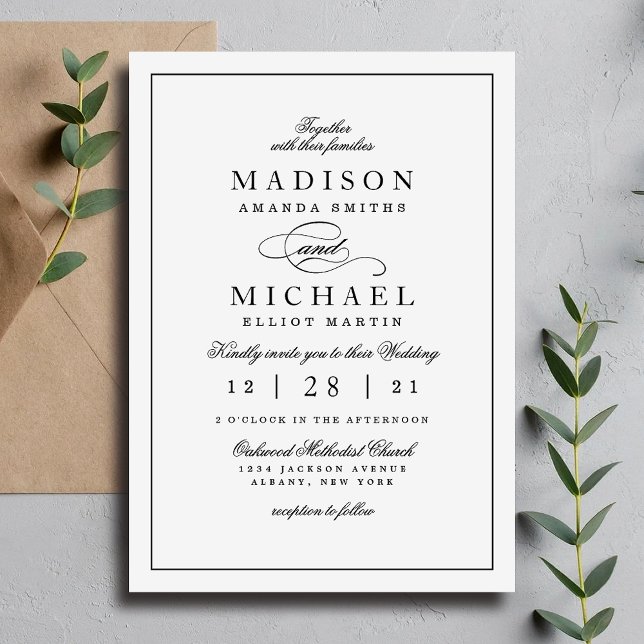 Convite de Casamento Simples e Elegante Preto e Br (Simple Elegant Black and White Wedding Invitation)