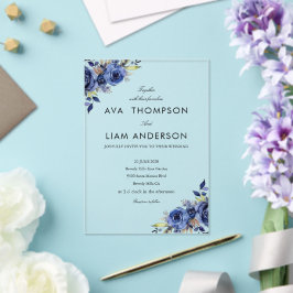 Convite de casamento simples em acrílico azul mari
