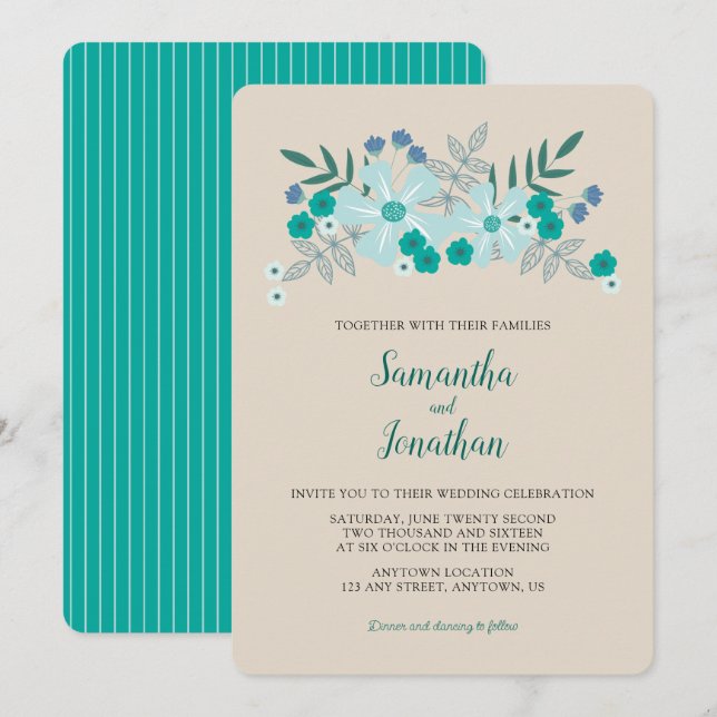 Convite de Casamento Simples Flores Azul Turquesa  (Frente/Verso)