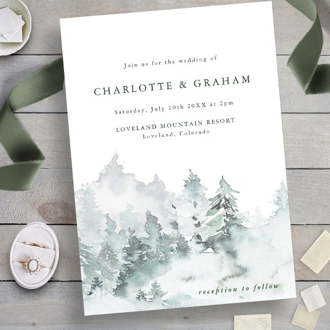 Convite de Casamento Simples Floresta Aquarela (Green and White - Simple Watercolor Forest Wedding Invitation
)