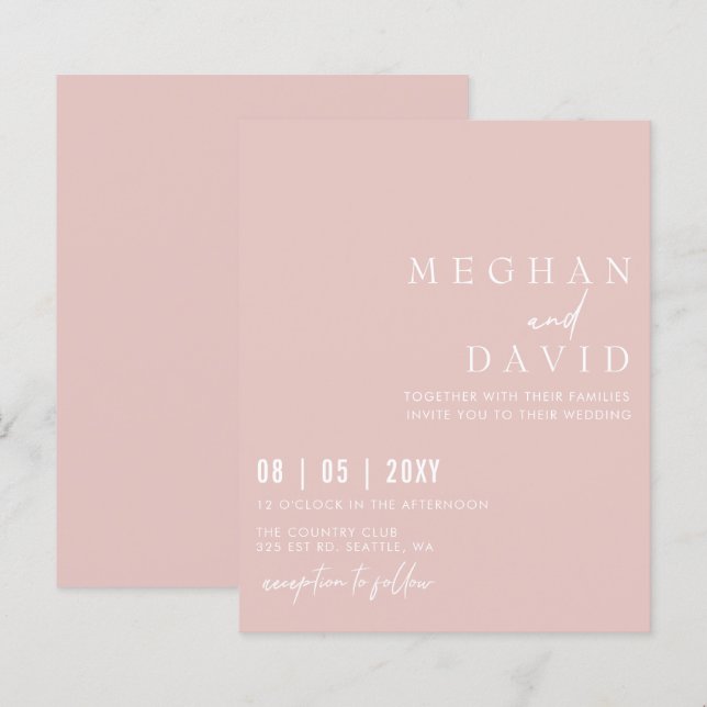 Convite de Casamento Simples Moderno Rosa (Frente/Verso)