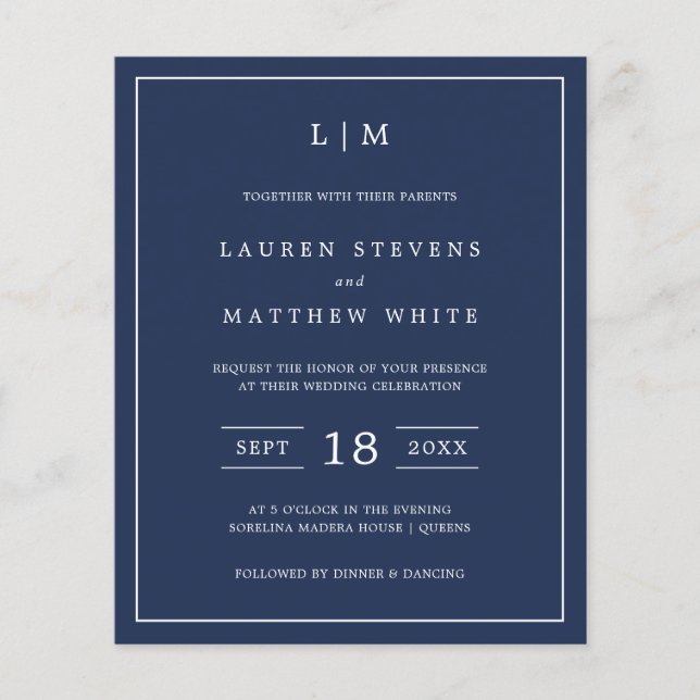 Convite de Casamento Simples Orçamento Azul Marinh (Frente)