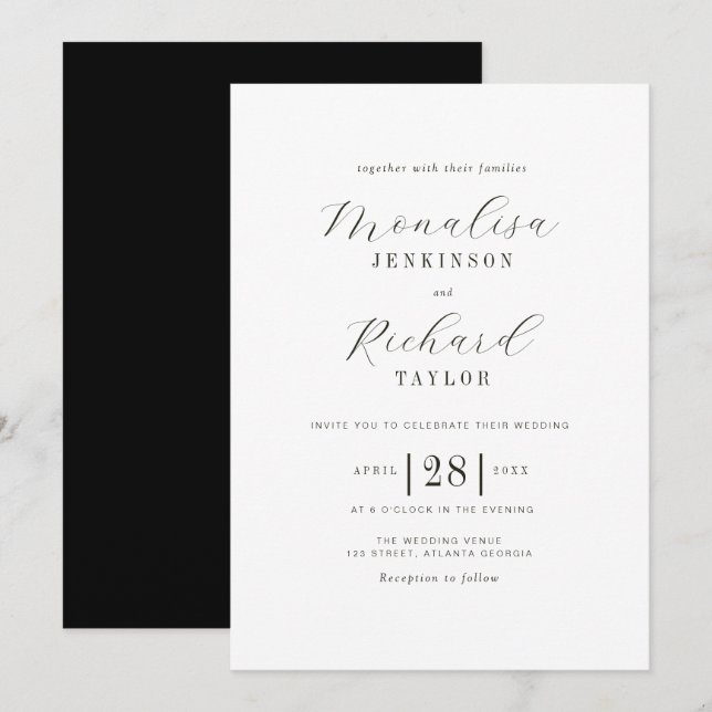 convite de casamento simples preto e branco (Frente/Verso)