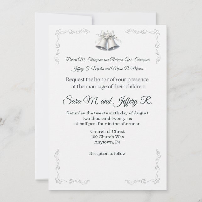 Convite de Casamento Sininhos de Casamento Prata (Frente)
