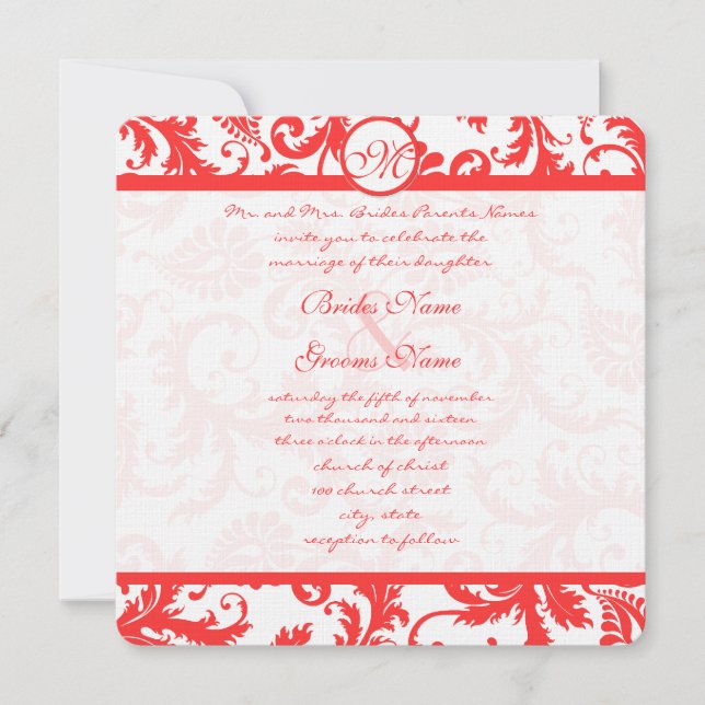 Convite de Casamento Snap Dragon Coral Damask (Frente)
