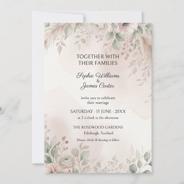 Convite de Casamento Soft Blush Sage Leaf (Frente)