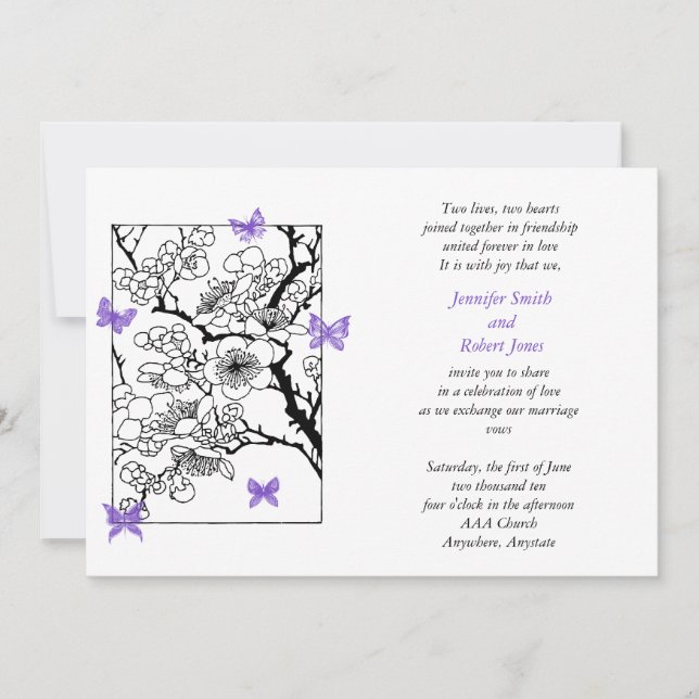 Convite de Casamento Sonhos de Borboleta Violeta (Frente)