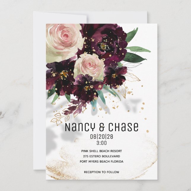 Convite de Casamento Sparkling Blush & Bordeaux (Frente)