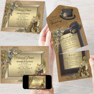 Convite de Casamento Steampunk & Couro Dourado Tud