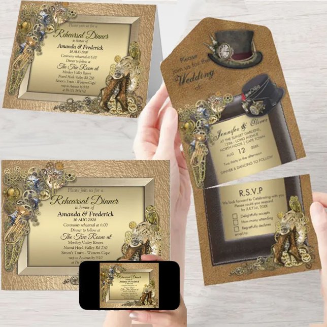 Convite de Casamento Steampunk & Couro Dourado Tud (Steampunk & gold Leather invitations)