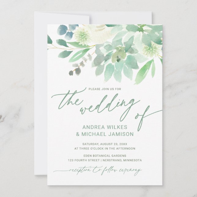 Convite de Casamento Suculento Cacto Aquarela Verd (Frente)
